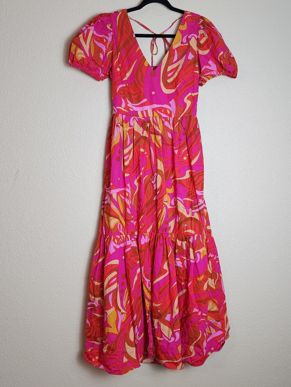 1. STATE Pink Abstract Print Open Back Midi Dress | Puff Sleeve Cotton | Medium - Picture 2 of 10